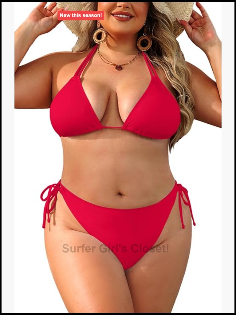 Plus Size Triangle Bikini Set Double Straps Halter Side Tie String Swimsuit